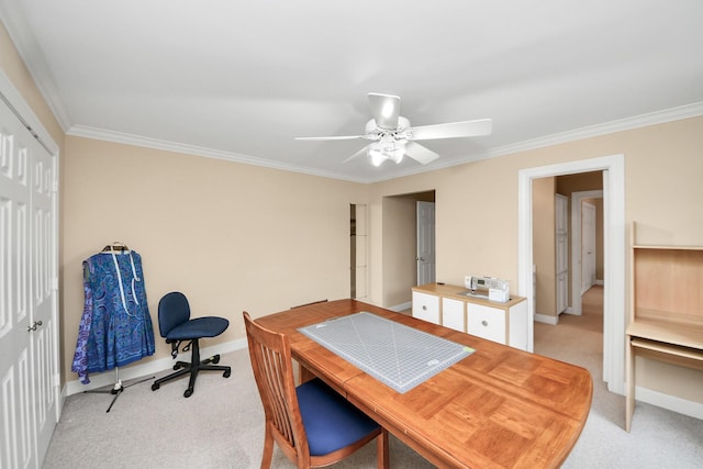 3820 Purdue St, Houston, TX 77005 - office area with light colored carpet, crown molding, a ceiling fan, and baseboards