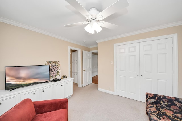 3820 Purdue St, Houston, TX 77005 - sitting room featuring crown molding, a ceiling fan, light colored carpet, and baseboards