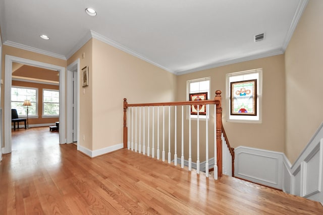 3820 Purdue St, Houston, TX 77005 - hallway featuring an upstairs landing, light wood-style flooring, crown molding, baseboards, and recessed lighting