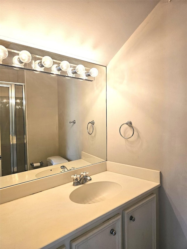 3820 Purdue St, Houston, TX 77005 - full bath featuring a stall shower, vanity, vaulted ceiling, and toilet