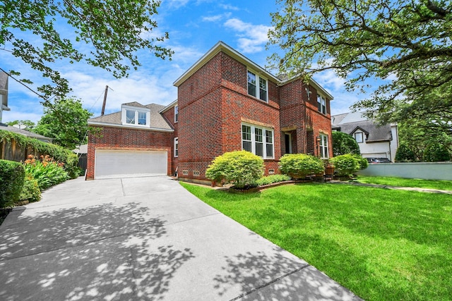 3820 Purdue St, Houston, TX 77005 - traditional home with brick siding, a front yard, concrete driveway, and a garage