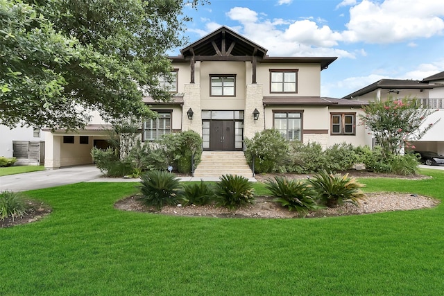 8305 Will Jordan Pkwy, Bellaire, TX 77401 - view of front facade with stucco siding, a front lawn, driveway, and an attached carport