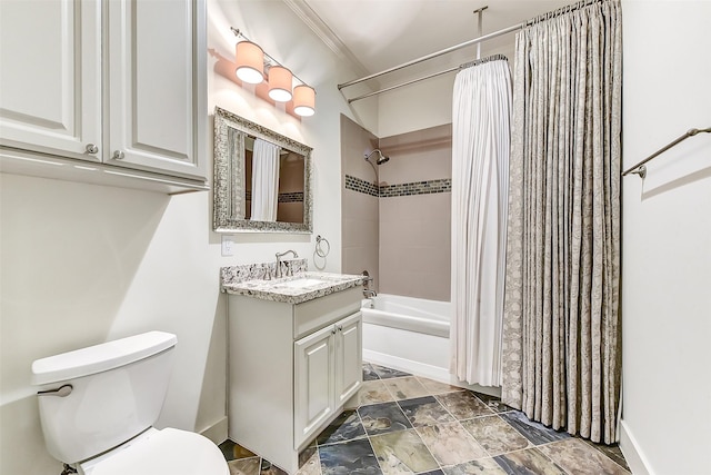 8305 Will Jordan Pkwy, Bellaire, TX 77401 - full bathroom featuring vanity, shower / bath combo, toilet, baseboards, and stone finish flooring
