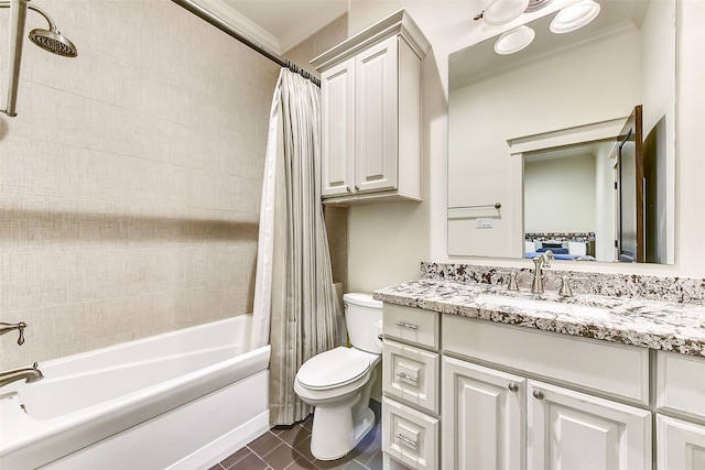 8305 Will Jordan Pkwy, Bellaire, TX 77401 - full bath with toilet, vanity, shower / bath combo with shower curtain, tile patterned floors, and crown molding