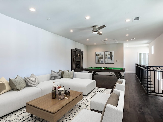 2301 Arabelle St, Houston, TX 77007 - living room featuring attic access, wood-type flooring, recessed lighting, pool table, and a ceiling fan