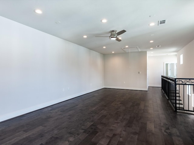 2301 Arabelle St, Houston, TX 77007 - spare room with attic access, dark wood-style floors, recessed lighting, baseboards, and a ceiling fan