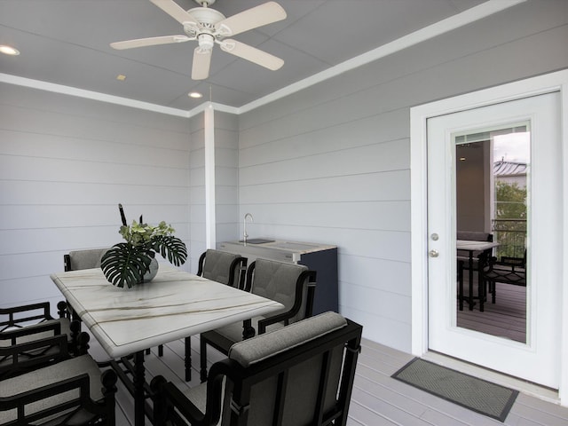 2301 Arabelle St, Houston, TX 77007 - dining room featuring ceiling fan, recessed lighting, and wooden walls