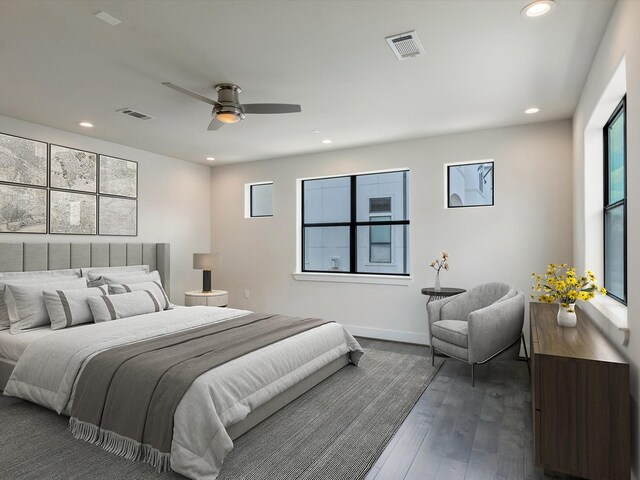 2301 Arabelle St, Houston, TX 77007 - bedroom featuring multiple windows, recessed lighting, dark wood finished floors, and ceiling fan