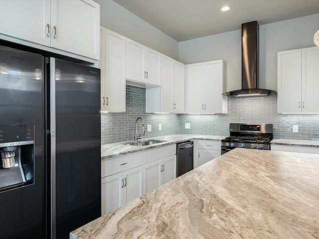 2301 Arabelle St, Houston, TX 77007 - kitchen featuring fridge with ice dispenser, wall chimney exhaust hood, a sink, gas stove, and white cabinets