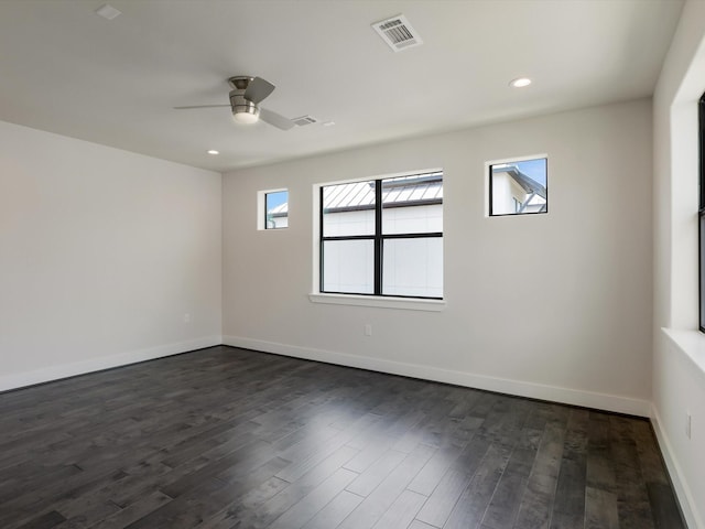 2301 Arabelle St, Houston, TX 77007 - empty room with a ceiling fan, dark wood-style flooring, baseboards, and recessed lighting