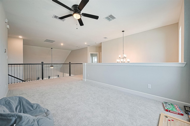 13811 Via Toluca Trl, Cypress, TX 77433 - unfurnished room with a ceiling fan, carpet floors, baseboards, a chandelier, and vaulted ceiling