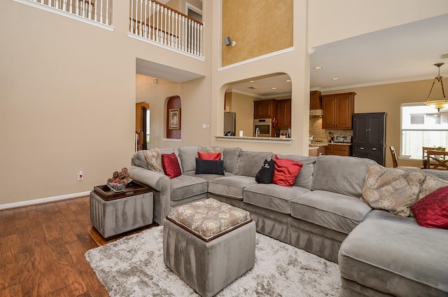 13023 Forester Canyon Ln, Sugar Land, TX 77498 - living area with dark wood finished floors, arched walkways, crown molding, baseboards, and a high ceiling