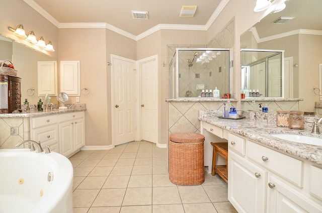 13023 Forester Canyon Ln, Sugar Land, TX 77498 - full bath with a shower stall, two vanities, a jetted tub, tile patterned floors, and ornamental molding