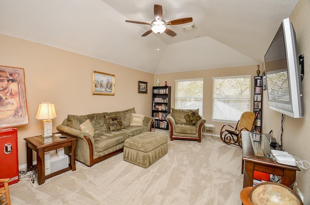 13023 Forester Canyon Ln, Sugar Land, TX 77498 - living room with ceiling fan, healthy amount of natural light, carpet floors, vaulted ceiling, and baseboards