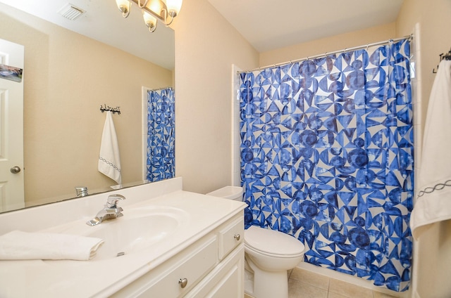 13023 Forester Canyon Ln, Sugar Land, TX 77498 - bathroom with toilet, vanity, tile patterned flooring, and curtained shower