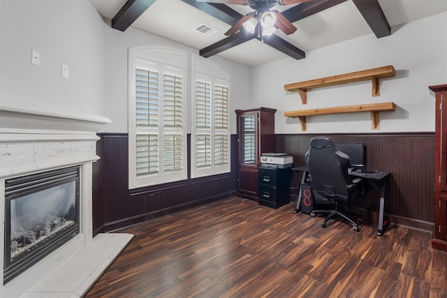 700 Southfield Dr, Friendswood, TX 77546 - office space featuring a ceiling fan, a wainscoted wall, beamed ceiling, wood finished floors, and a glass covered fireplace