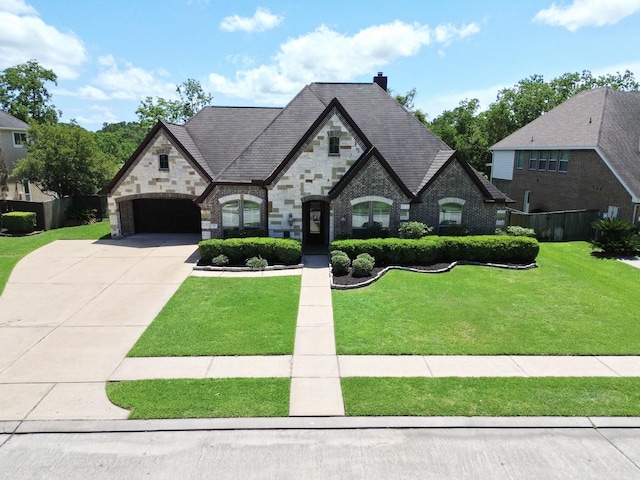 700 Southfield Dr, Friendswood, TX 77546 - french provincial home with concrete driveway, stone siding, a chimney, a garage, and brick siding
