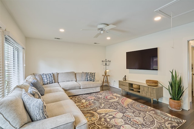 5526 Lincrest Ln, Houston, TX 77056 - living area featuring attic access, wood finished floors, ceiling fan, and recessed lighting