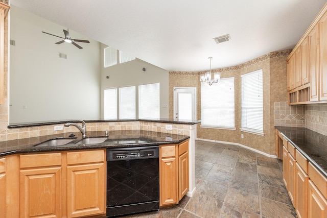5923 Union Spgs, Sugar Land, TX 77479 - kitchen featuring black dishwasher, a sink, backsplash, a ceiling fan, and a chandelier