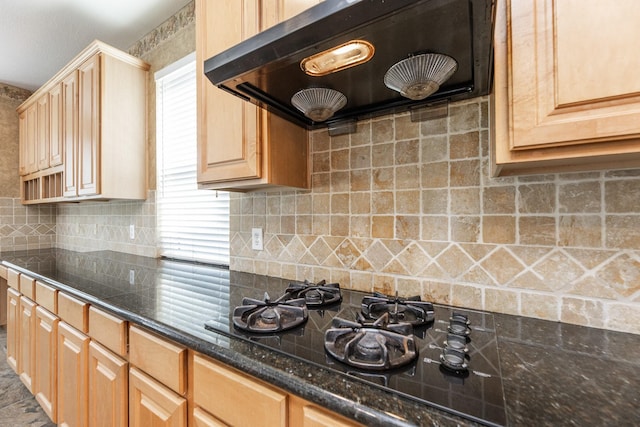 5923 Union Spgs, Sugar Land, TX 77479 - kitchen featuring ventilation hood, tasteful backsplash, black gas stovetop, and light brown cabinetry
