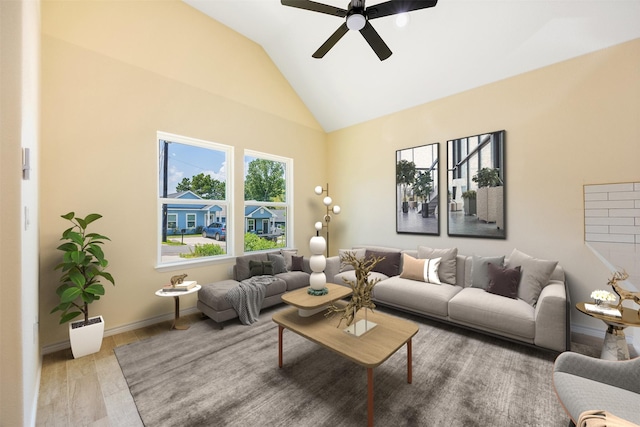 16960 W Dounreay, Montgomery, TX 77316 - living area featuring ceiling fan, wood finished floors, and high vaulted ceiling