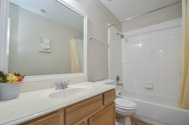 7102 Biton Dr, Houston, TX 77083 - bathroom featuring vanity, toilet, and shower / bathtub combination with curtain