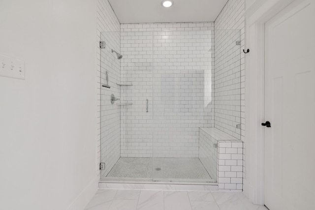 5926 Bit Pl, Baytown, TX 77523 - bathroom featuring a stall shower, marble look tile flooring, and recessed lighting