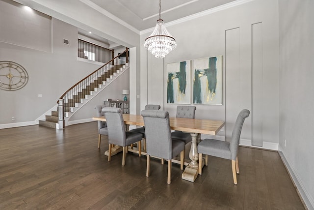 5318 Abington Creek Ln, Sugar Land, TX 77479 - dining room featuring stairs, wood finished floors, baseboards, a chandelier, and ornamental molding
