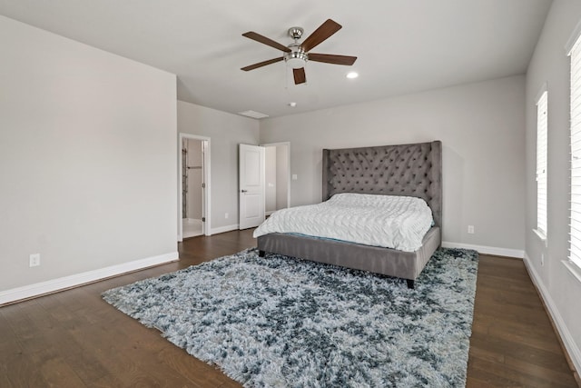 5318 Abington Creek Ln, Sugar Land, TX 77479 - bedroom with dark wood-type flooring, baseboards, a ceiling fan, and recessed lighting