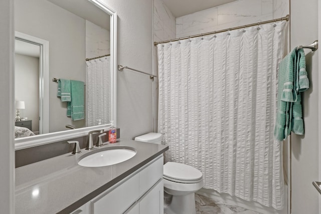 5318 Abington Creek Ln, Sugar Land, TX 77479 - full bathroom featuring marble look tiles, vanity, toilet, and a shower with curtain