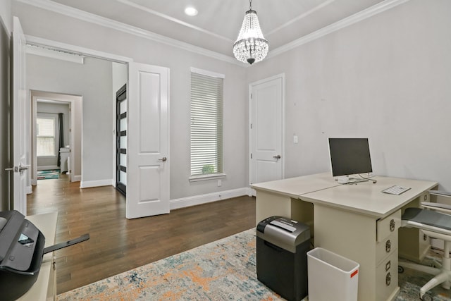 5318 Abington Creek Ln, Sugar Land, TX 77479 - office area with healthy amount of natural light, dark wood-type flooring, ornamental molding, a chandelier, and baseboards