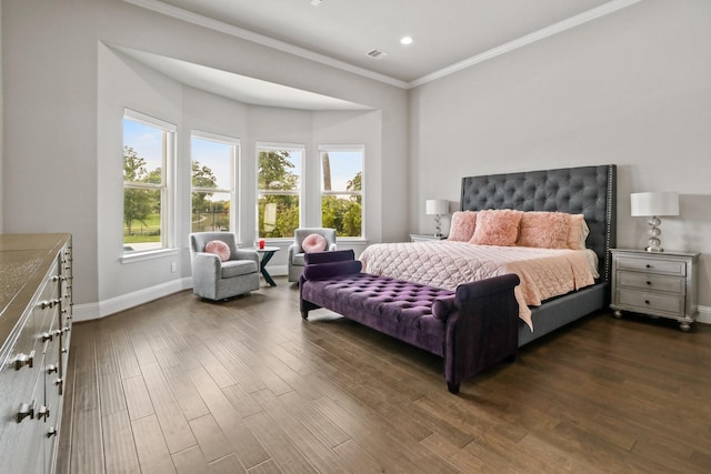 5318 Abington Creek Ln, Sugar Land, TX 77479 - bedroom with dark wood finished floors, baseboards, ornamental molding, and recessed lighting