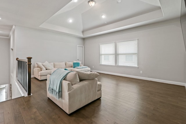5318 Abington Creek Ln, Sugar Land, TX 77479 - living area with a tray ceiling, dark wood-style floors, baseboards, and recessed lighting