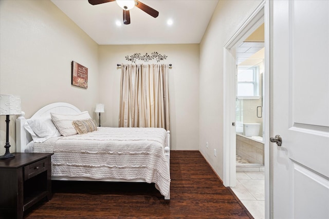 8917 Hawk Rd, Pearland, TX 77584 - bedroom featuring ensuite bath, wood finished floors, and ceiling fan