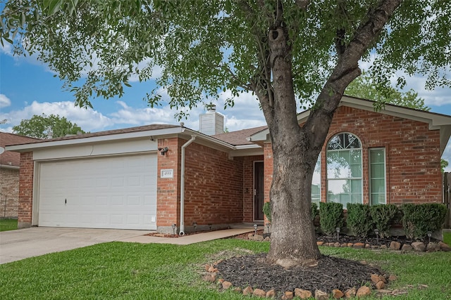 4559 Taino Dr, Baytown, TX 77521 - single story home featuring brick siding, an attached garage, a chimney, concrete driveway, and roof with shingles