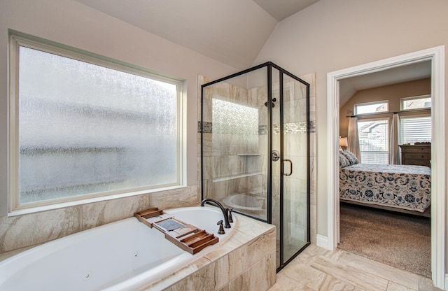 2335 Mayfield Trail Ct, League City, TX 77573 - full bathroom featuring connected bathroom, a stall shower, a whirlpool tub, and vaulted ceiling