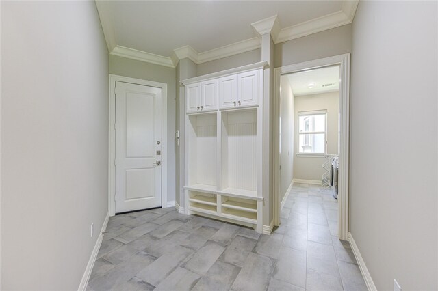 13706 Northwood Meadow Cir, Houston, TX 77077 - mudroom with crown molding and baseboards