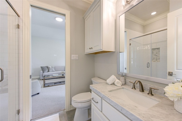 13706 Northwood Meadow Cir, Houston, TX 77077 - bathroom featuring vanity, ornamental molding, a shower stall, toilet, and recessed lighting