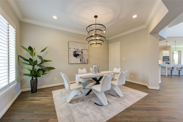 13706 Northwood Meadow Cir, Houston, TX 77077 - dining room featuring a chandelier, recessed lighting, dark wood-style floors, ornamental molding, and baseboards