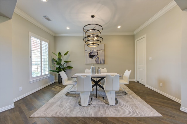 13706 Northwood Meadow Cir, Houston, TX 77077 - dining space featuring recessed lighting, baseboards, dark wood finished floors, crown molding, and a chandelier