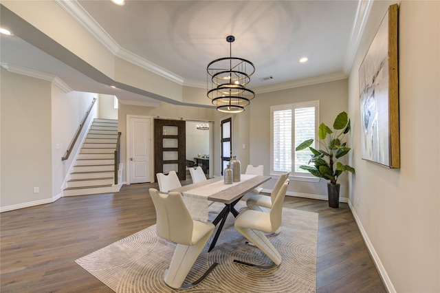 13706 Northwood Meadow Cir, Houston, TX 77077 - dining area with stairway, dark wood-style flooring, recessed lighting, baseboards, and ornamental molding