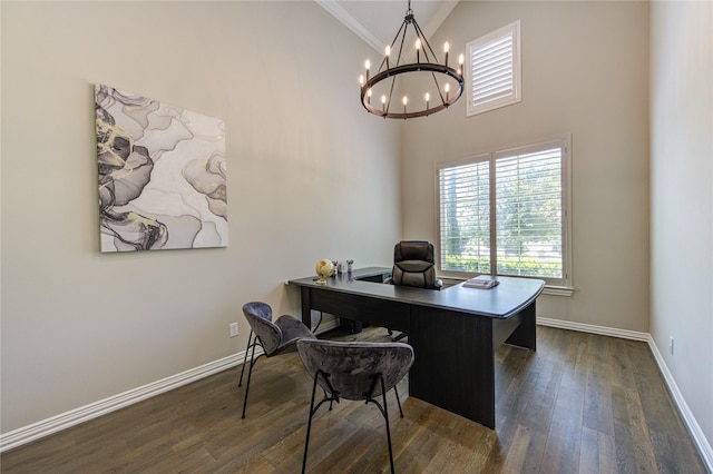13706 Northwood Meadow Cir, Houston, TX 77077 - office space with a chandelier, dark wood-style floors, baseboards, a high ceiling, and crown molding