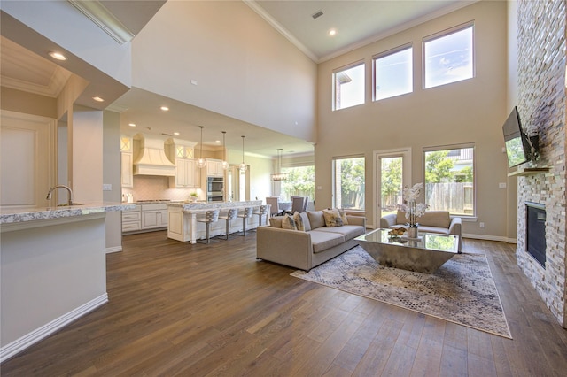 13706 Northwood Meadow Cir, Houston, TX 77077 - living room featuring ornamental molding, dark wood-style floors, a fireplace, a high ceiling, and recessed lighting