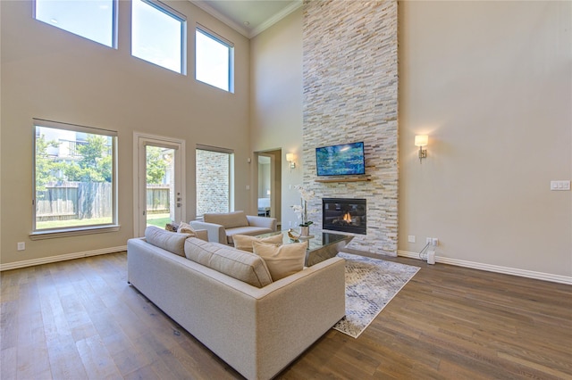 13706 Northwood Meadow Cir, Houston, TX 77077 - living room featuring crown molding, baseboards, a stone fireplace, a towering ceiling, and dark wood-style flooring