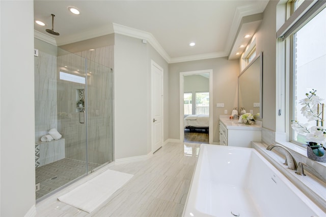 13706 Northwood Meadow Cir, Houston, TX 77077 - full bathroom with a shower stall, a bath, crown molding, ensuite bath, and recessed lighting
