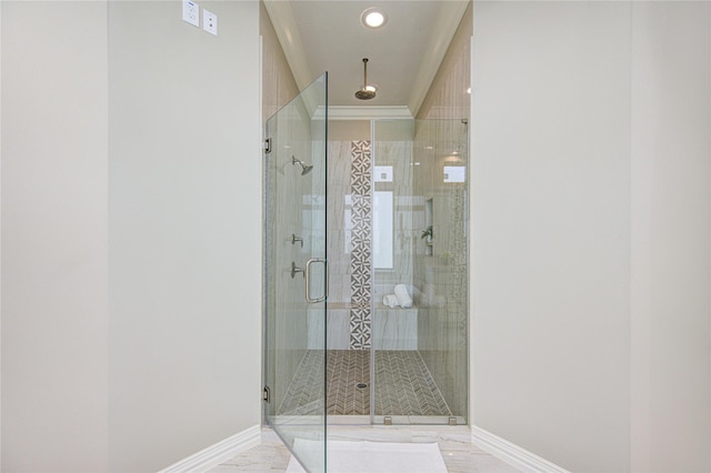 13706 Northwood Meadow Cir, Houston, TX 77077 - full bathroom with baseboards, marble finish floors, a stall shower, and recessed lighting
