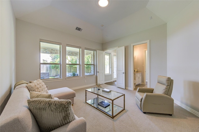 13706 Northwood Meadow Cir, Houston, TX 77077 - living room with baseboards, carpet floors, and vaulted ceiling