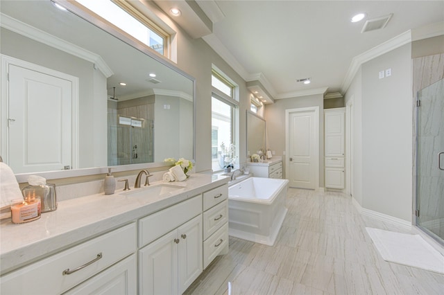 13706 Northwood Meadow Cir, Houston, TX 77077 - full bathroom featuring a shower stall, vanity, a bath, recessed lighting, and crown molding