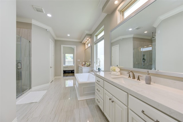 13706 Northwood Meadow Cir, Houston, TX 77077 - bathroom with a stall shower, connected bathroom, vanity, a bath, and recessed lighting