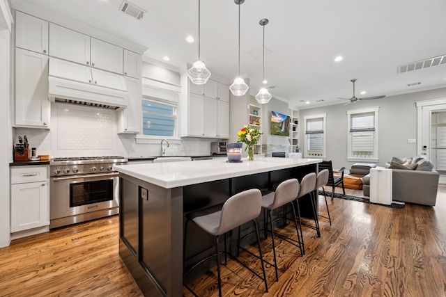 728 Allston St, Houston, TX 77007 - kitchen featuring stainless steel range, light wood finished floors, tasteful backsplash, open floor plan, and a center island